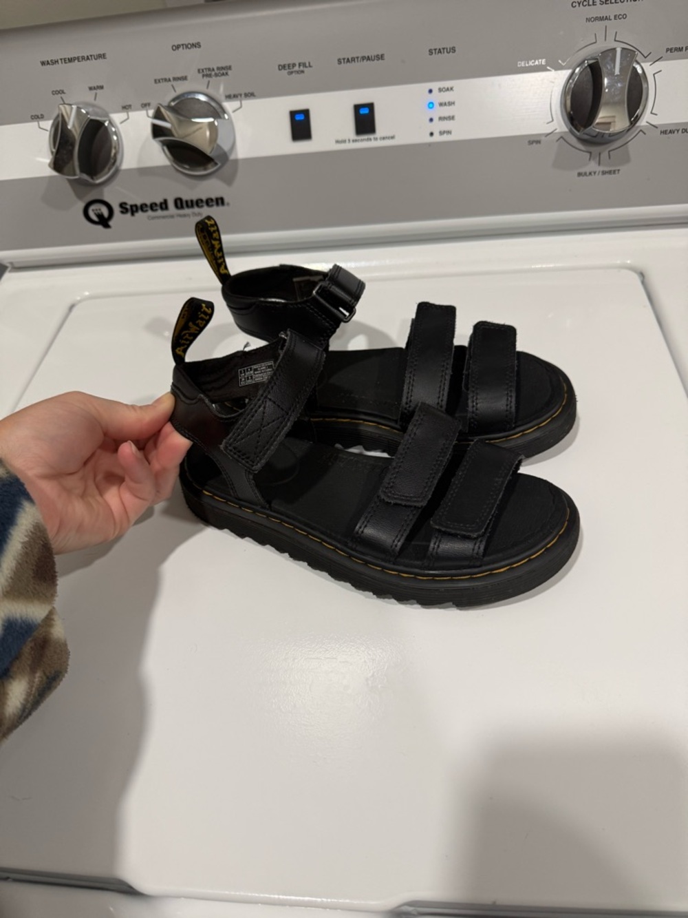 Dr. Martens Black Kids Strap Sandals with Yellow Stitching